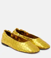 [Dries Van Noten] Dries Van Noten Croc-effect metallic leather ballet flats AU 7.5 gold
