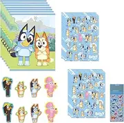 Unique Bluey Birthday Party Supplies Bundle - 24 Count - Includes 8 Plastic Loot Bags, 8 Sticker Sheets, 8 Paper Finger Puppets, 1 Dinosaur Sticker Sheet