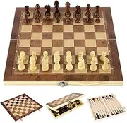 Wooden Chess Set, 40cm Large Folding Chessboard Pieces Wood with Chessmen Storage Slots Unique Crafted Handmade, 3 in 1 Chess Board Game for Adults and Kids (Chess,Backgammon,Checkers)