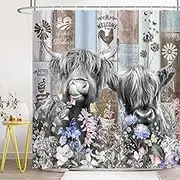BIYSUC Farmhouse Cow Shower Curtain Rustic Funny Highland Cattle Wildflower Windmill Farm Wildlife Animal Wooden Board Country Bathroom Decor Waterproof Polyester Fabric 72Lx72W Inch with Hooks