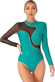 [FEESHOW] Women's Gymanstics Leotard Long Sleeve Figure Skating Leotard Shiny Rhinestone Costumes Dancewear