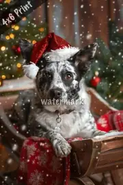 Australian Cattle Dog in a Christmas hat with a sleigh - 4x6 Print