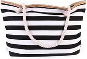 [Nayubo] Large Beach Tote Bag for Women Waterproof Travel Shoulder Bag with Zipper Sandproof Pool Bag Daily Tote for Gym Sports Vacation Weekend Shopping (Black White Stripe)