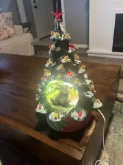 Ceramic Christmas Tree With Bear In The Middle, Pine Cone , 3d,only One Of Kind