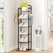 [Hzuaneri] Vertical Shoe Rack, Shoe Shelves, Wood Shoe Organizer for Closet, Entryway, Shoe Tower for Small Spaces, Free Standing, Adjustable, with 2 Hooks, 6 Tier Rustic Brown SR04201B