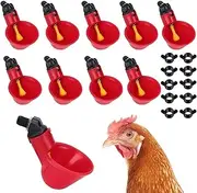 Automatic Chicken Drinkers Waterers Upgraded - 10 Pcs Red Poultry Watering Cups Bowls Drinking Dispenser Cage Accessories, Plastic Backyards Chicken Flock Duck Bird Water Feeder（with 10 Screws）