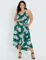 Autograph Midi Party Wrap Dress Plus Size 16/Reg 20 Hi-Lo Ruffle Strappy Green