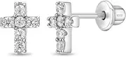 [In Season Jewelry] 925 Sterling Silver Cubic Zirconia Little Cross Shape Stud Earrings with Safety Screw Back Lock for Toddlers, Little Girls, Pre-Teens & Teens - Christian Jewelry for Sweet & Loving Children
