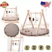 Wooden Baby Play Gym with 6 Sensory Toys - Foldable Play Mat Ideal for Infants