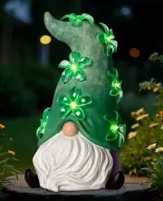 Solar Garden Outdoor Statues Gnome with Green Flower Lights, Resin Lawn Decor...