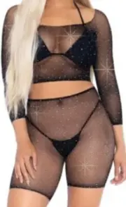 Leg Avenue Rhinestone Fishnet Long Sleeve Crop Top and Biker Shorts 2 Piece O/S