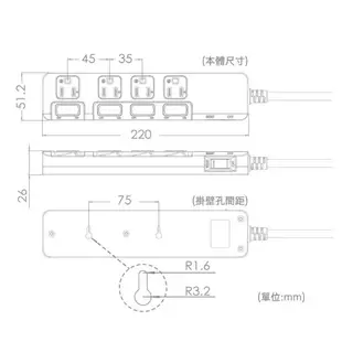 iPlus+保護傘 5切4座3P延長線 PU-3545 6尺~15尺 超薄平貼式省力插頭 獨立開關 壁掛孔設計 雲升數位