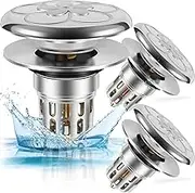 3Pcs Bathroom Sink Stopper with Drain Hole Pop Up Sink Drain Stopper Universal Pop Up Strainer for 34 to 40mm Holes Removable Stainless Steel Basin Strainer for Bathroom Kitchen