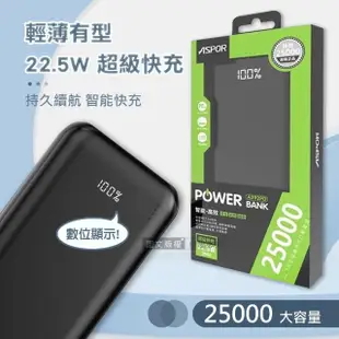 【ASPOR】25000mAh 22.5W快充行動電源(LED數位顯示/輕薄大容量)