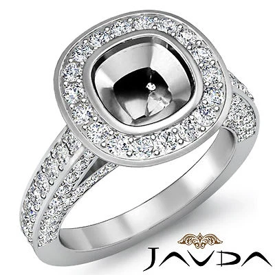 Pave Diamond Engagement Ring Cushion Semi Mount Bezel Set 14k W Gold 1.7 Carat