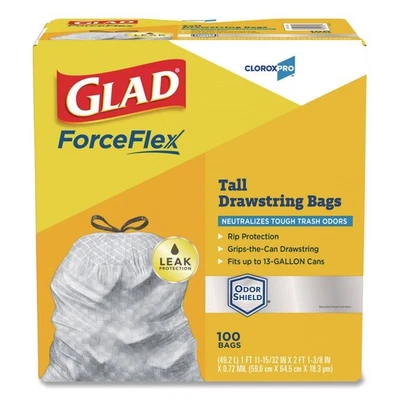 Glad 70427 23.75" x 24.88" 13-Gal Drawstring Trash Bags - Gray (100/CT) New