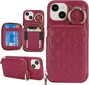 Hamany for iPhone 14 Plus Case Wallet with Card Holder,for iPhone 14 Plus Phone case Wallet with Zipper with Slot Kickstand Stand Case for Women and Man-Dark red