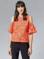 Warehouse Bonded Lace Cold Shoulder Top Orange Size UK 12 RRP £39 NH9 XX 15