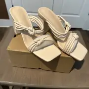 Coutgo Womens Square Open Toe Sandals Two Strap Chunky Heel Backless Off White