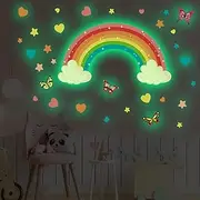 Glow in The Dark Large Rainbow Wall Decals - Removable Star, Butterfly, Heart Stickers - Glowing Watercolor Vinyl Wallpaper for Nursery, Baby, Kid, Girl, Teen Bedroom Decoration