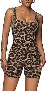 [VJHX] Leopard Cheetah Print One Piece Playsuit for Women Tank Sleeveless Bodycon Rompers Workout Yoga Shorts Jumpsuits