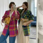 【現貨 好品質】👗👗實拍韓國X2摩登女王彩色格紋雙排扣西裝外套格子針織西裝外套彩色格紋英倫風西裝外套