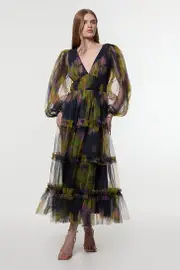 Floral Tulle Plunge Woven Maxi Dress