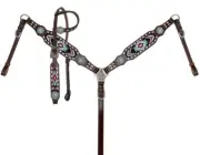 Showman Pink and Teal Beaded One Ear Headstall & Breastcollar Set W Pink Conchos