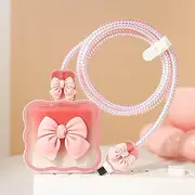 Togbel Cute Cartoon Protective Case for iPhone 20W USB-C Adapter Charger Cable, Unique Design Funny Fun Kawaii 3D Cartoon Protective Charger Cover Cable Protector for Family Men Women (Pink Bow)