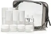 Travel Bottles for Toiletries,14pcs,Toiletry Bag,Airless Pump Bottles,Dropper Bottles,glass jars,Spray bottle,Leak Proof&Refillable,TSA Approved, Clear