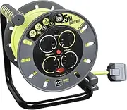 Pro-XT Four Socket Open Cable Reel Extension Lead with Winding Handle, Thermal Cut Out and Power Switch, 25 Metres High Visibility Cable, Green