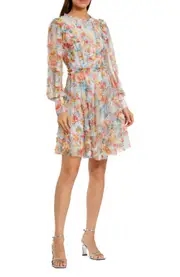 Mac Duggal Floral Mesh Ruffle High Neck Mini Dress in Blue Multi at Nordstrom, Size 2