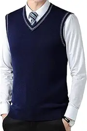[SWJGLITTR] Men's Sleeveless Knitted Vest V Neck Pullover Waistcoats Relaxed Fit Wool Blended Vests, Navy Blue, Large