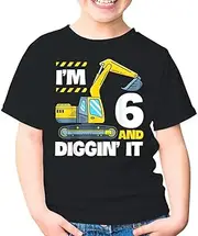 [SDVN] Construction Truck 6th Birthday 6 Years Old Digger Excavator Unisex Kids Shirt Gift Boy Girl Youth T-Shirt (Black;S)