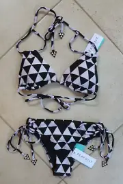 Seafolly Costa Maya AU 8 Black & White Bikini Tri Slide Top & Tie Side Brazilian