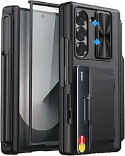 [SIXBOX] for Samsung Galaxy Z Fold 6 Case with Card Holder & S Pen Holder & Slide Camera Cover, Built-in Hinge Protection & Screen Protector, Durable Wallet Phone Cover Case for Z Fold 6 5G 2024, Black
