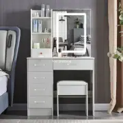 White Dressing Table Mirror Stool Organizer Set Vanity Makeup Desk with Drawers