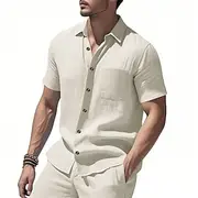 Men's Shirt Summer Shirt Casual Shirt Beach Shirt Button Up Shirt Black White Army Green Apricot Gray Short Sleeve Plain Lapel Vacation Hawaiian Pocket Clothin