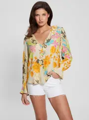 GUESS Women's Eco Yellow Floral Print Toni Top in Gold Size: Large, Viscose Rayon