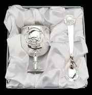 Set 2 Shiny Silver Teddy Bear Baby Egg Cup Holder & Spoon Newborn Baptism Gift