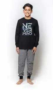 Boys Sizes 8-14 Black Never Mind Long Set PJS Pyjamas