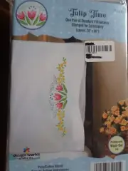 DESIGN WORKS STAMPED FOR EMBROIDERY PILLOWCASES TULIP TIME FLOWERS