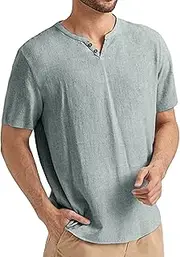 [Aosufei] Men's Linen Regular Fit T-Shirt Notched Neck Button Up T-Shirt Casual Breathable Loose T-Shirts