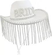 yuksok Bride Cowboy Hat Bridal Shower Hat Adult Cap Rhinestone Fringe Cowgirl Hat Bride Hat for Bridal Shower Summer Carnival Wedding