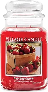[Village Candle] Fresh Strawberries Large Glass Apothecary Jar Scented Candle, 21.25 oz, Red, 21 Ounce
