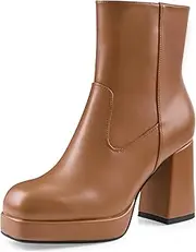 [Oh Mispares] Women's Platform High Chunky Heeled Ankle Boots Cozy Leather Gogo Boots Square Toe Side Zipper Booties