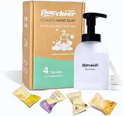 Flowcheer Foaming Hand Soap Refill Tablets - Glass Foaming Soap Dispenser Combo - Karl Frosted Real Glass Bottle 11 oz - 4 Refill Tablet Included Start Kit - Soap Pump for Bathroom Kitchen Countertop