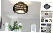 Rattan Ceiling Light Fixtures, Hand-woven Boho Flush Mount Ceiling Light, Black