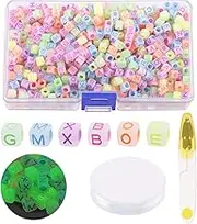 Glarks 1002Pcs Glow Alphabet Beads - Acrylic UV Letter Beads That Glow in The Dark - Square Shape With Elastic String for Bracelets, Jewelry Making, DIY Crafts, and Gifts