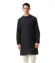 In-Sattva Men's Mandarin Collar Micro Dobby Fine Print Navy Blue Kurta Tunic